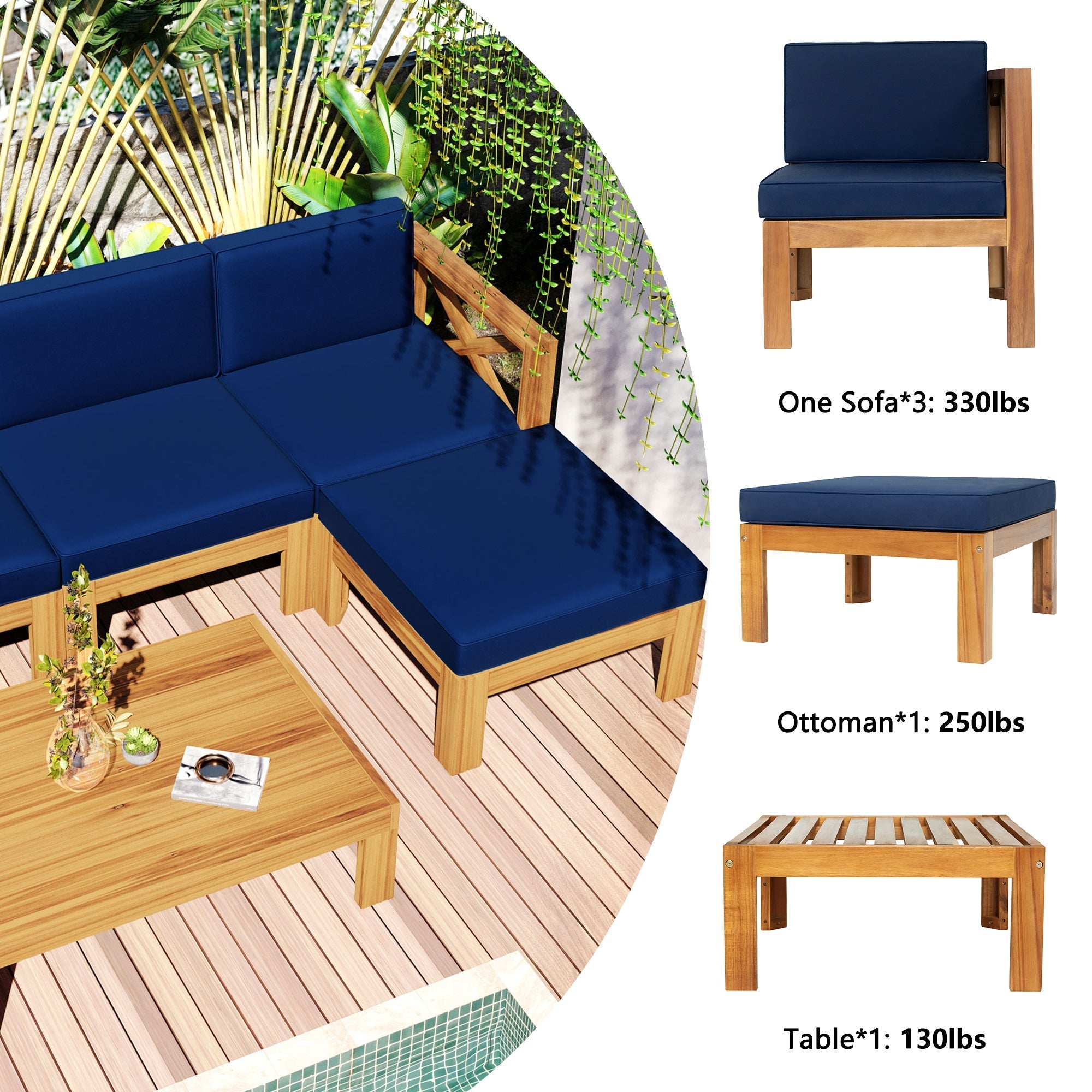 TOPMAX Outdoor 5-Piece Wood Sectional Patio Sofa Set with Blue Cushions