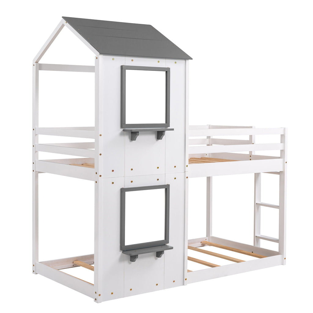 Bunk Bed Wood Bed & Roof, Window, Guardrail, Ladder