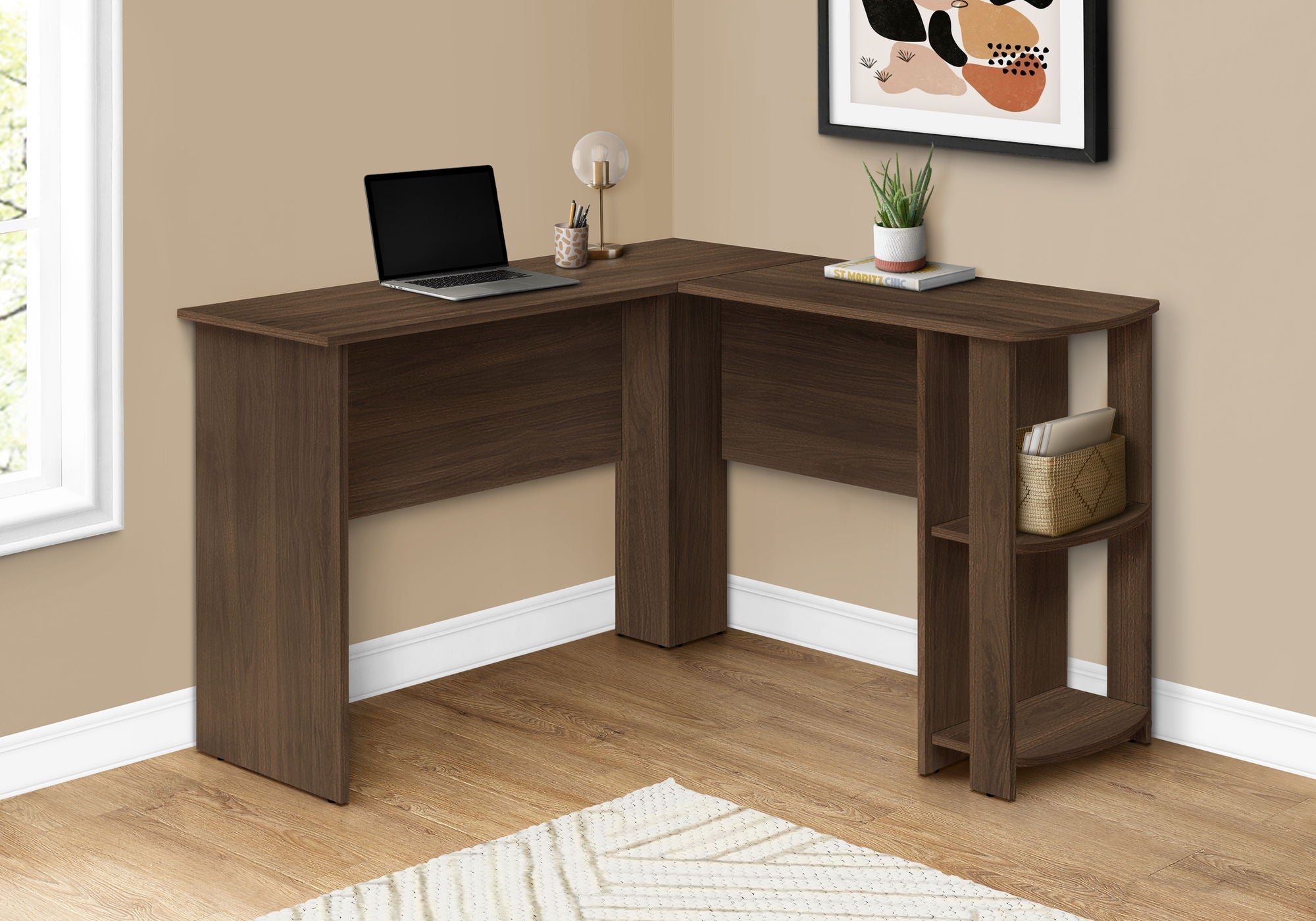 Computer Desk, Home Office, Corner, Storage Shelves, L Shape, Walnut