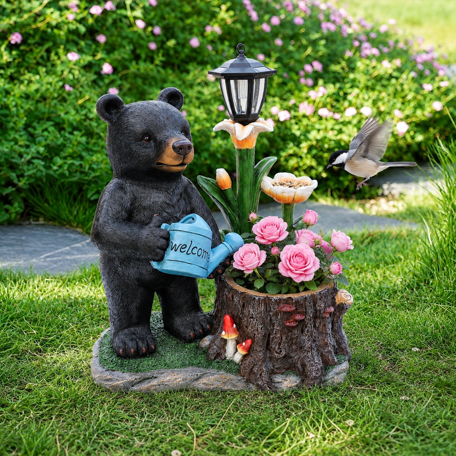 Standing Black Bear Garden Planter with Decorative Solar Lantern