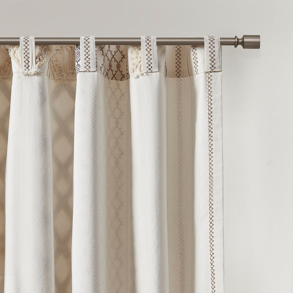 Cotton Printed Curtain Panel with Chenille Stripe and Lining Ivory 50x95