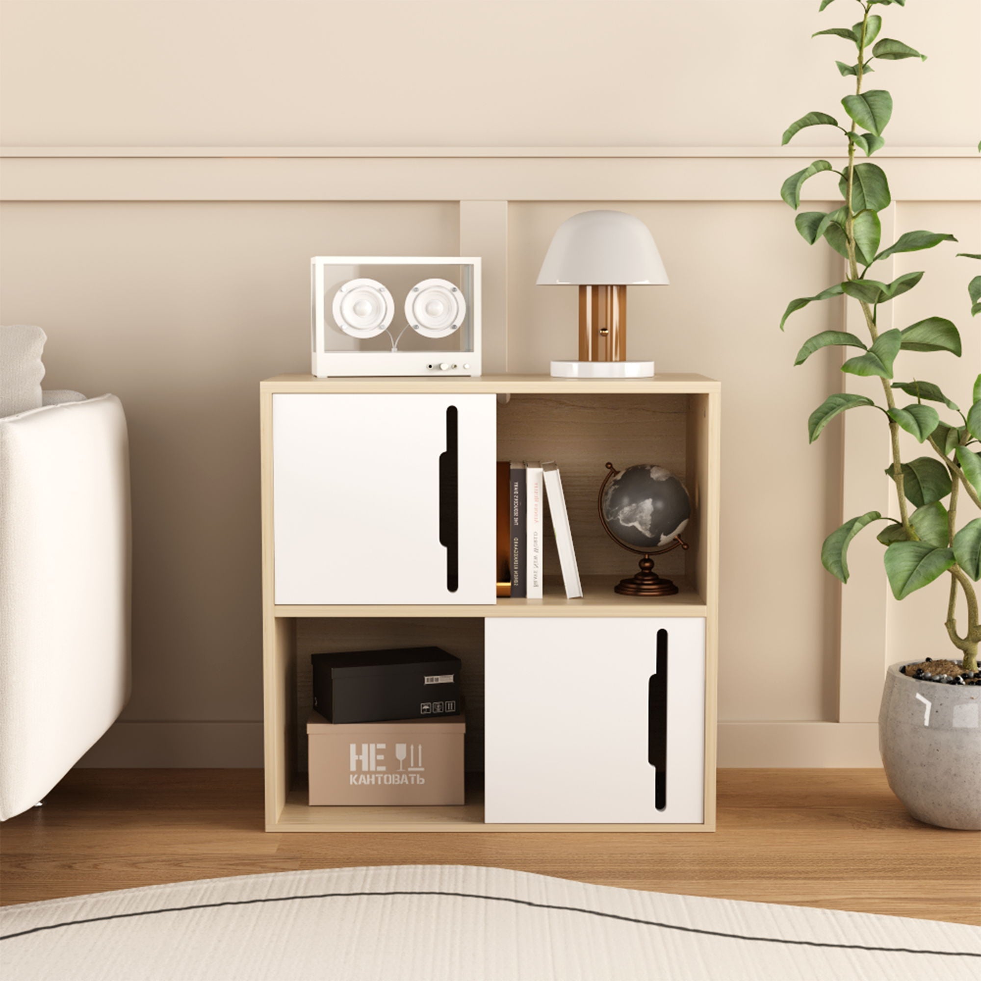 Storage Cabinet With Sliding Doors, 2 Tier Open And Closed Shelves Organizer - Natural / White