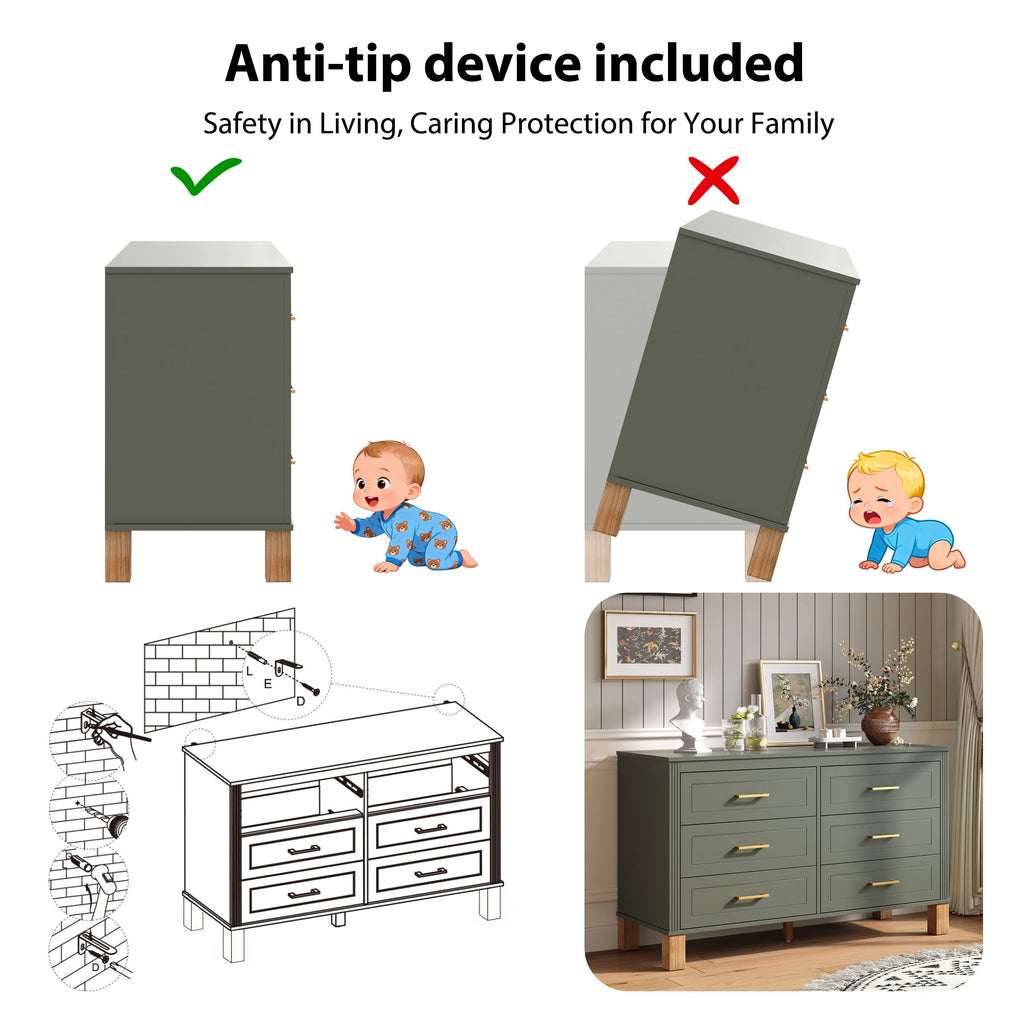 6-Drawer Double Dresser in Olive