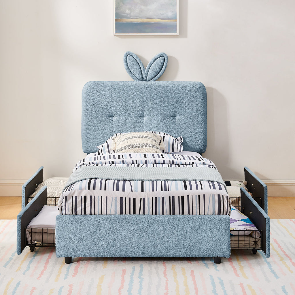 Twin Size Kids Upholstered Bed with Oversized Rabbit Ear Headboard