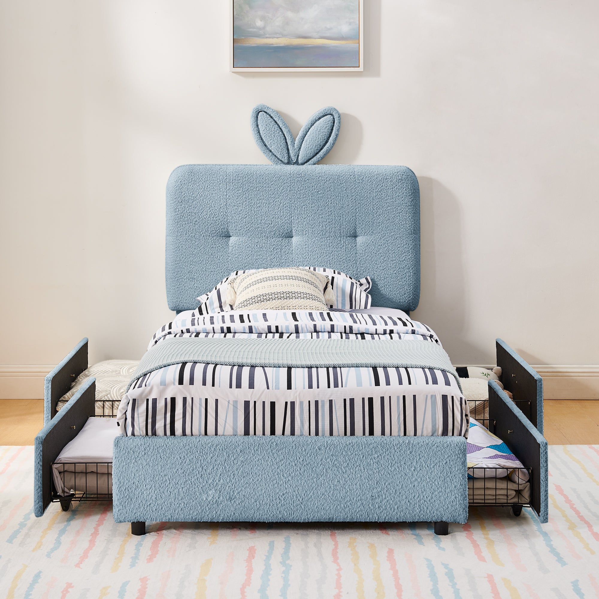 Twin Size Kids Upholstered Bed with Oversized Rabbit Ear Headboard