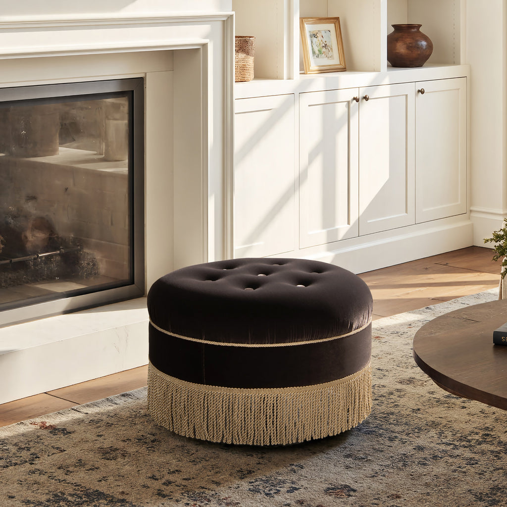 Yolanda 24" Round Upholstered Accent Ottoman - Deep Brown Velvet