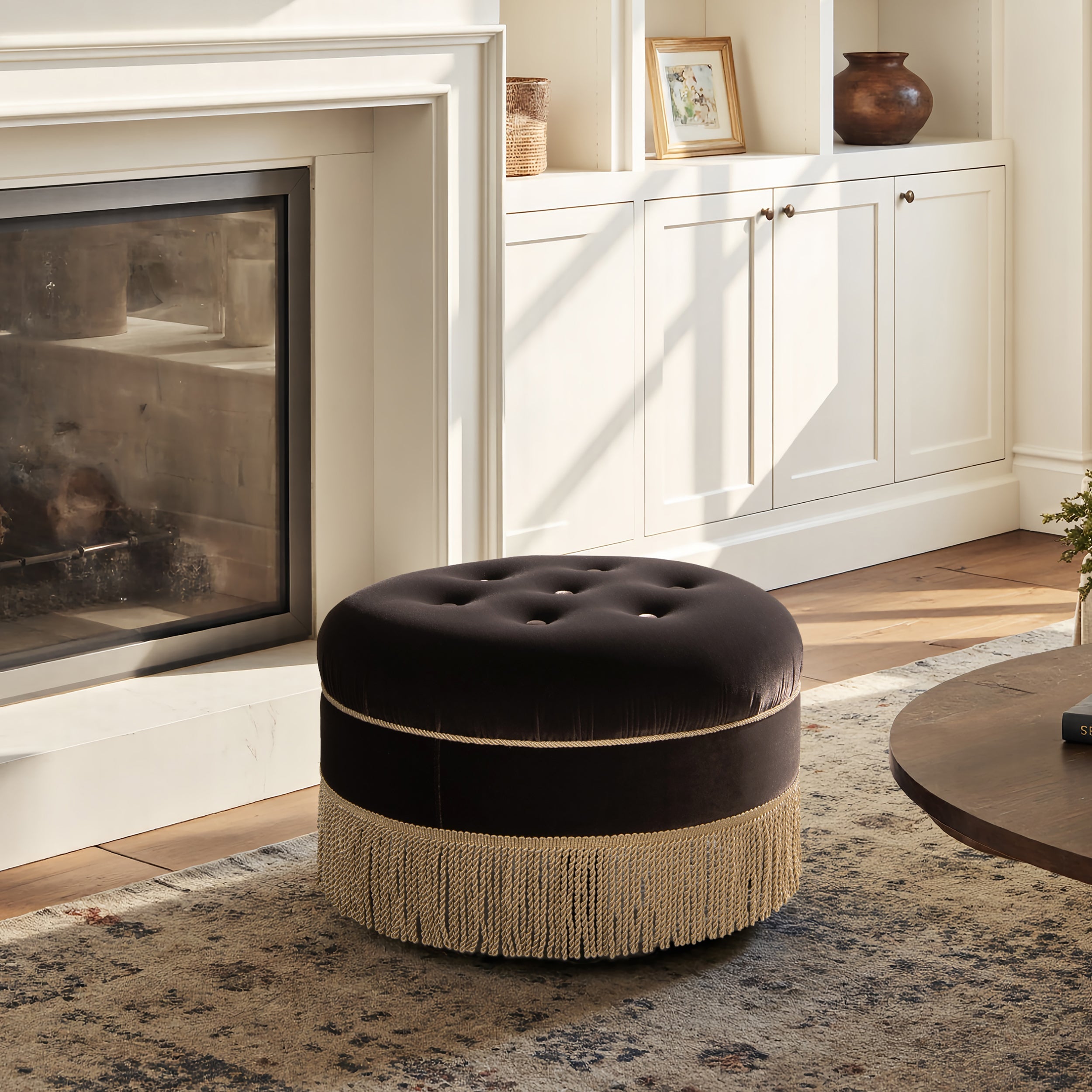 Yolanda 24" Round Upholstered Accent Ottoman - Deep Brown Velvet