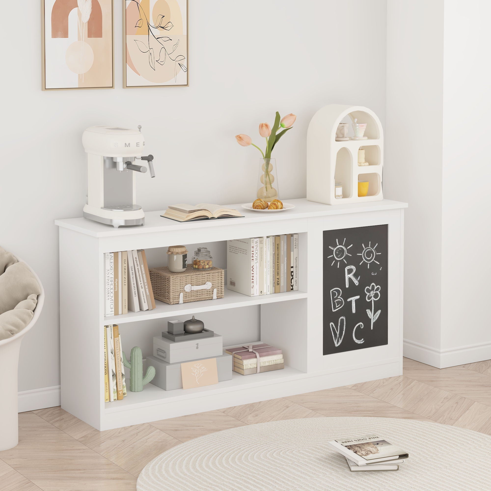 3 In 1 Bookshelf And Toy Storage Cabinet With Chalkboard, Organizer For Playroom - White