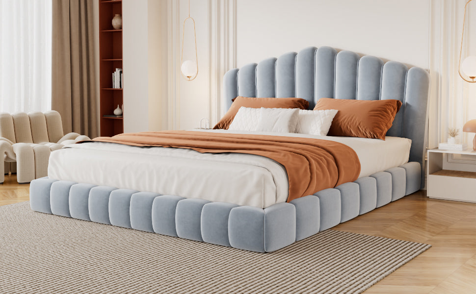 Velvet Upholstered Queen Bed with Shell-Shaped Headboard