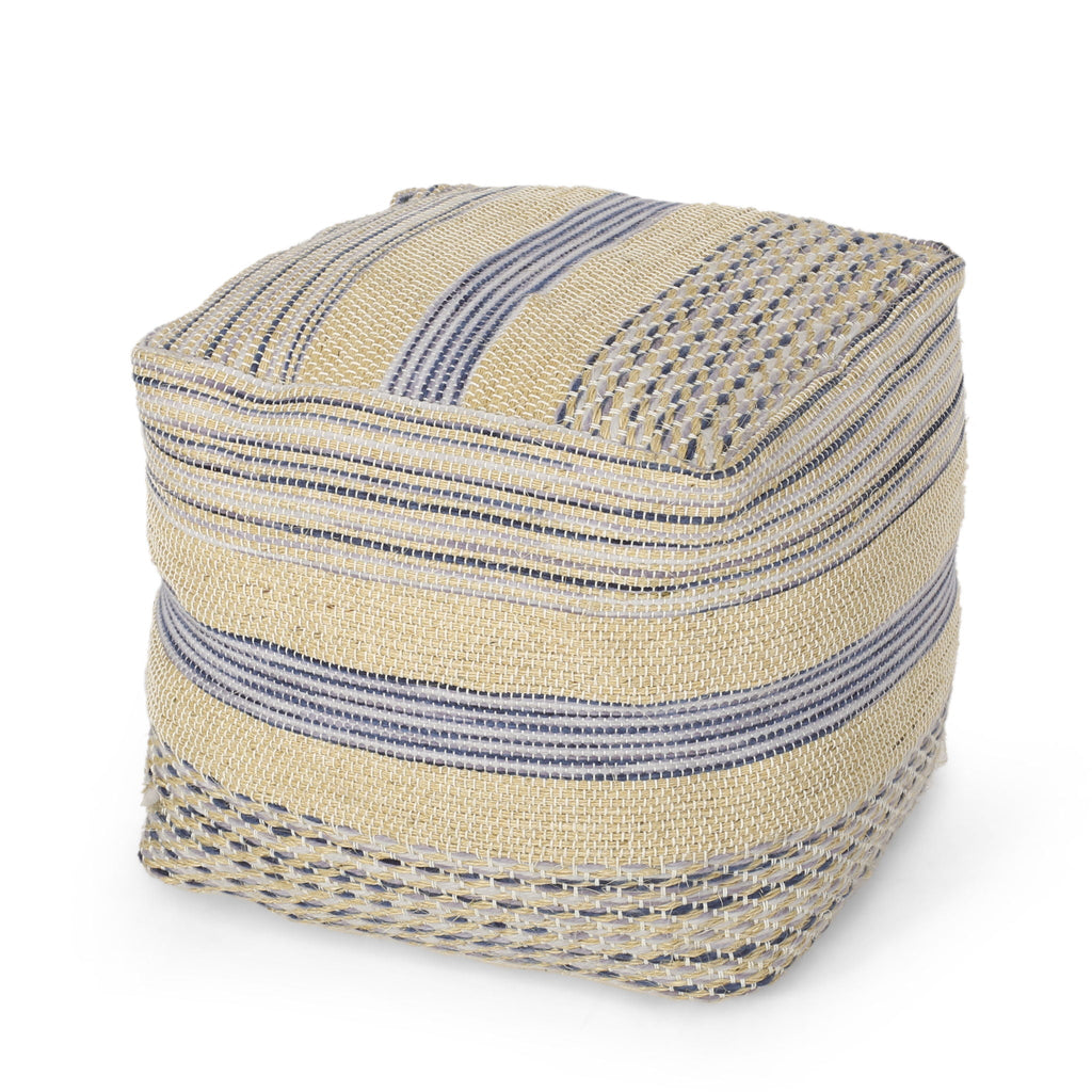 Western - Handcrafted Fabric Pouf, Durable - Natural / Blue