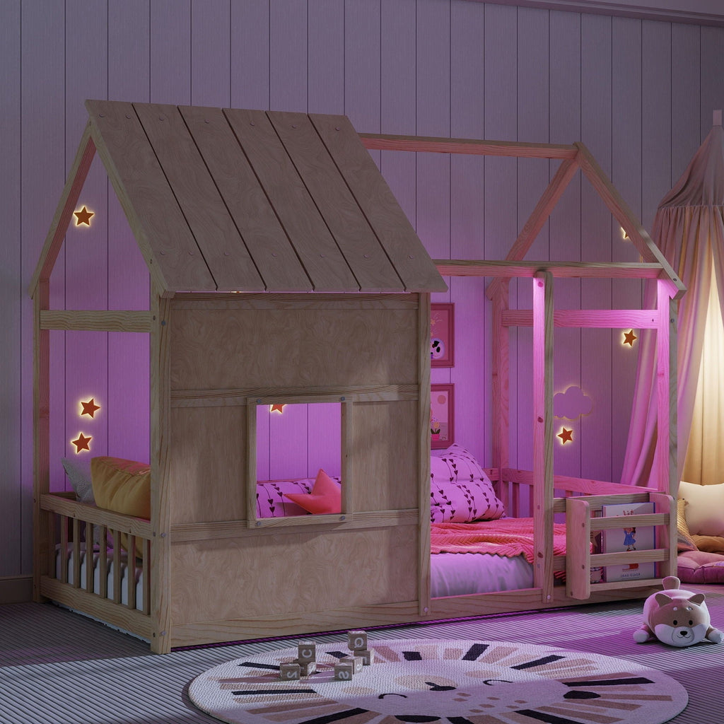 House Floor Bed With 7 Color LED Light, Built In Bookshelf