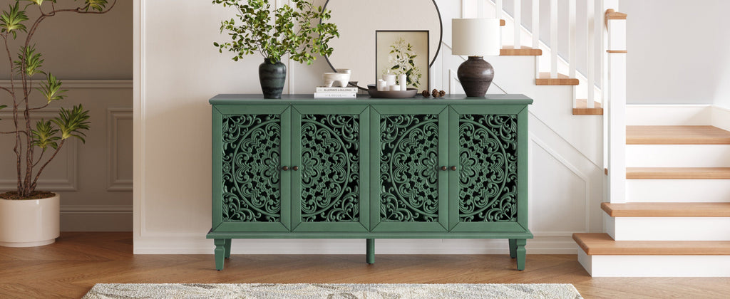 60' Antique Buffet Cabinet with Floral Carvings