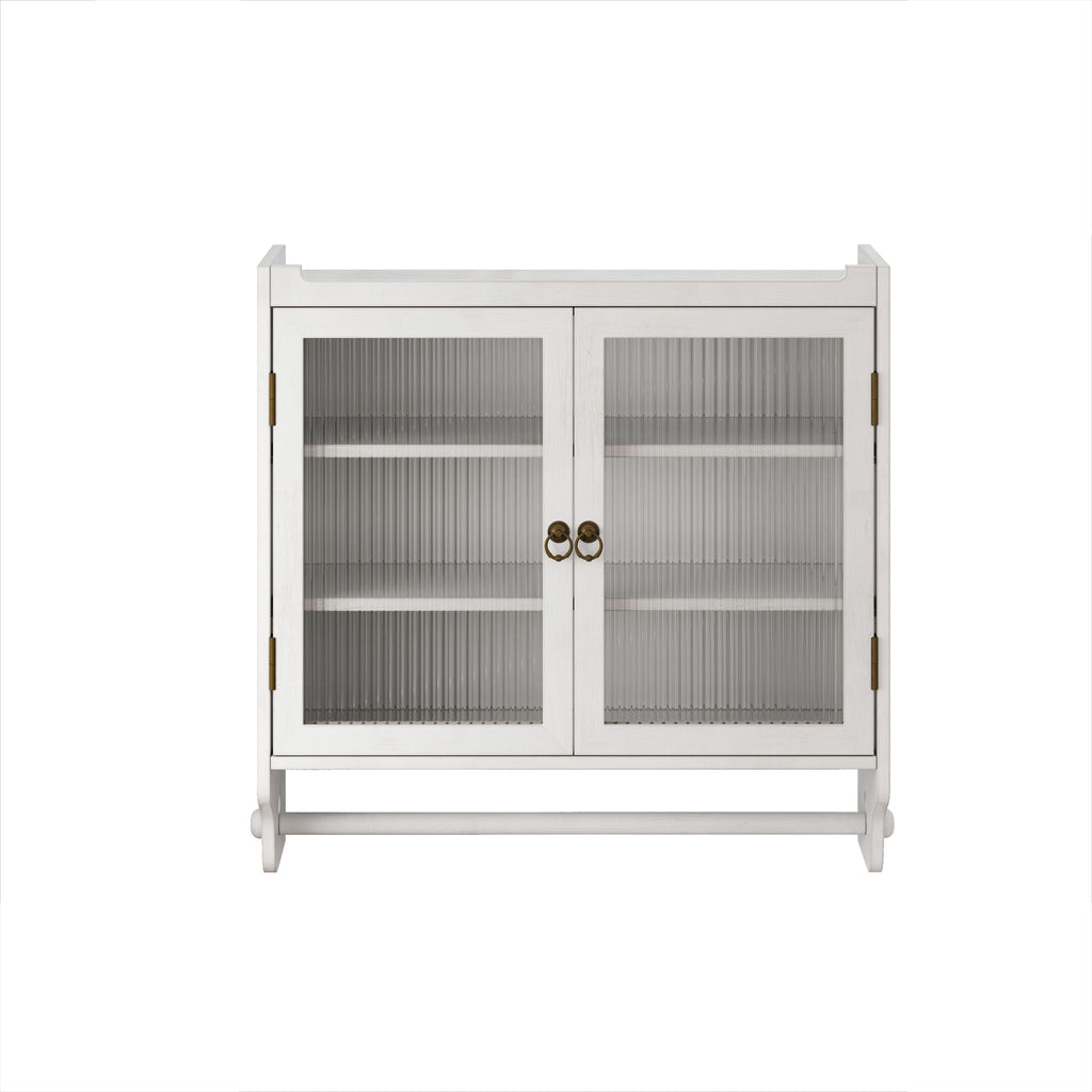 Vintage Double Door Wall Cabinet With Three Tiers Storage And Towel Rack - White Washed
