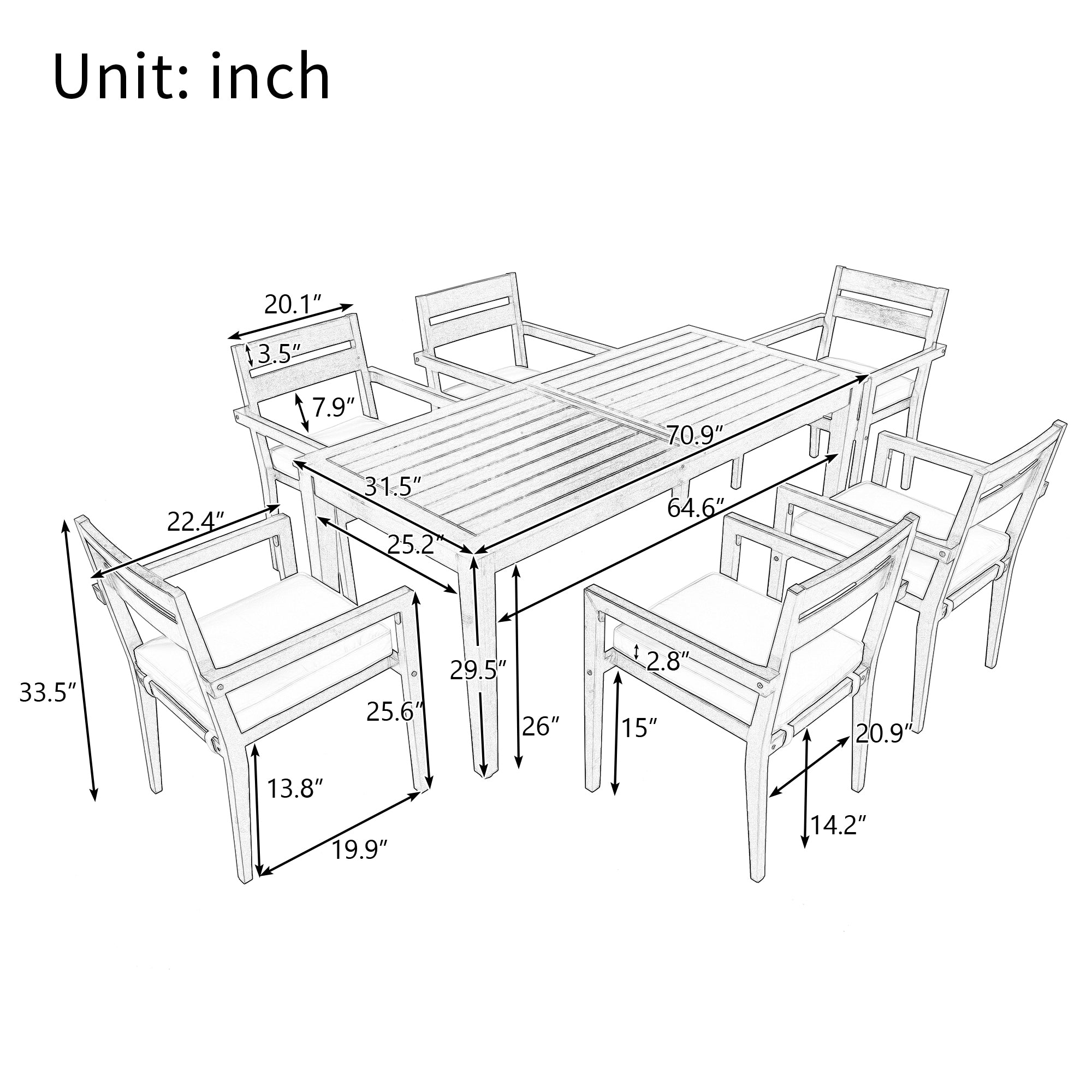 U_Style 7 Pieces Acacia Wood Outdoor Dining Set with Cushions