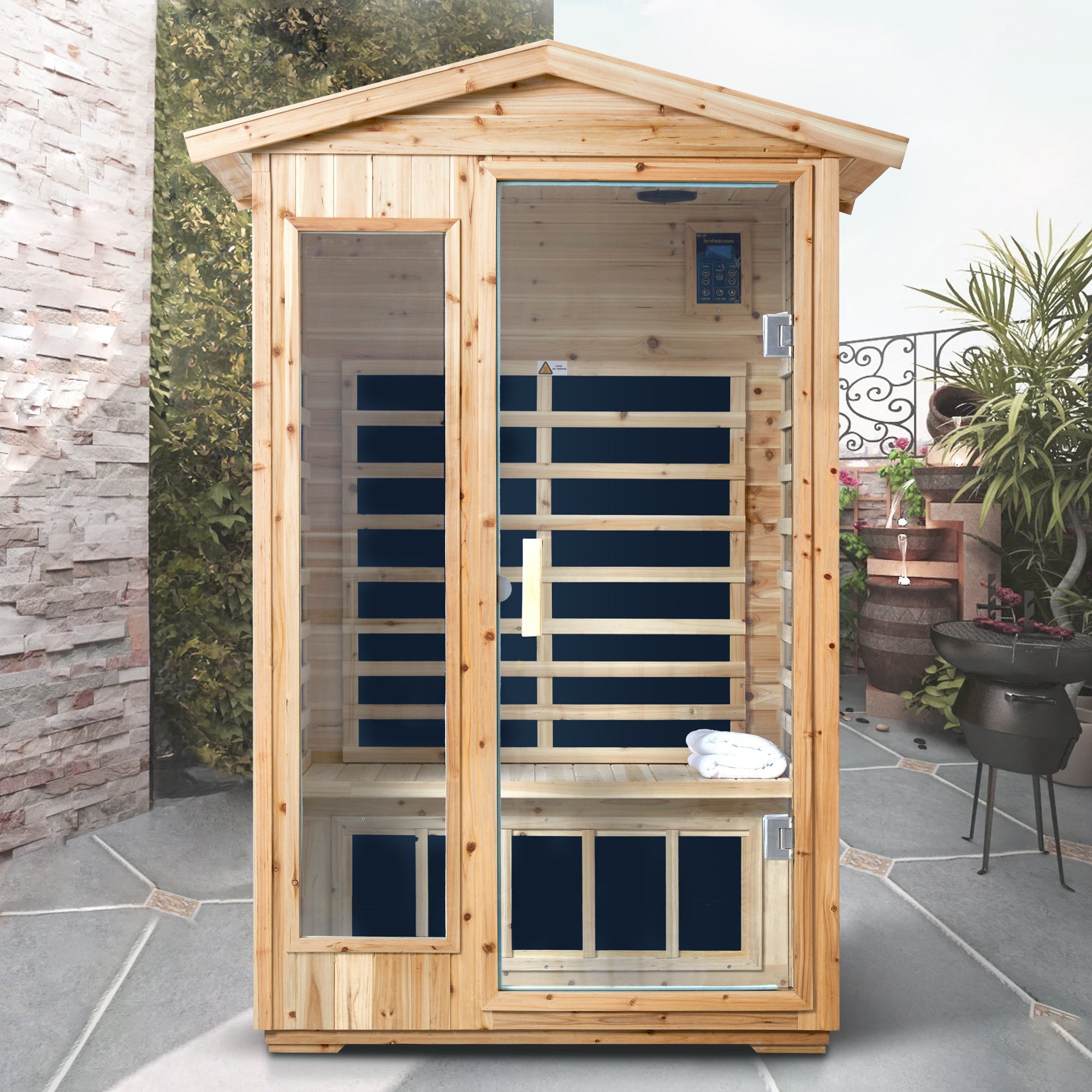 Two Person Far Infrared Old Fir Outdoor Sauna Room with Bluetooth and LED Lighting