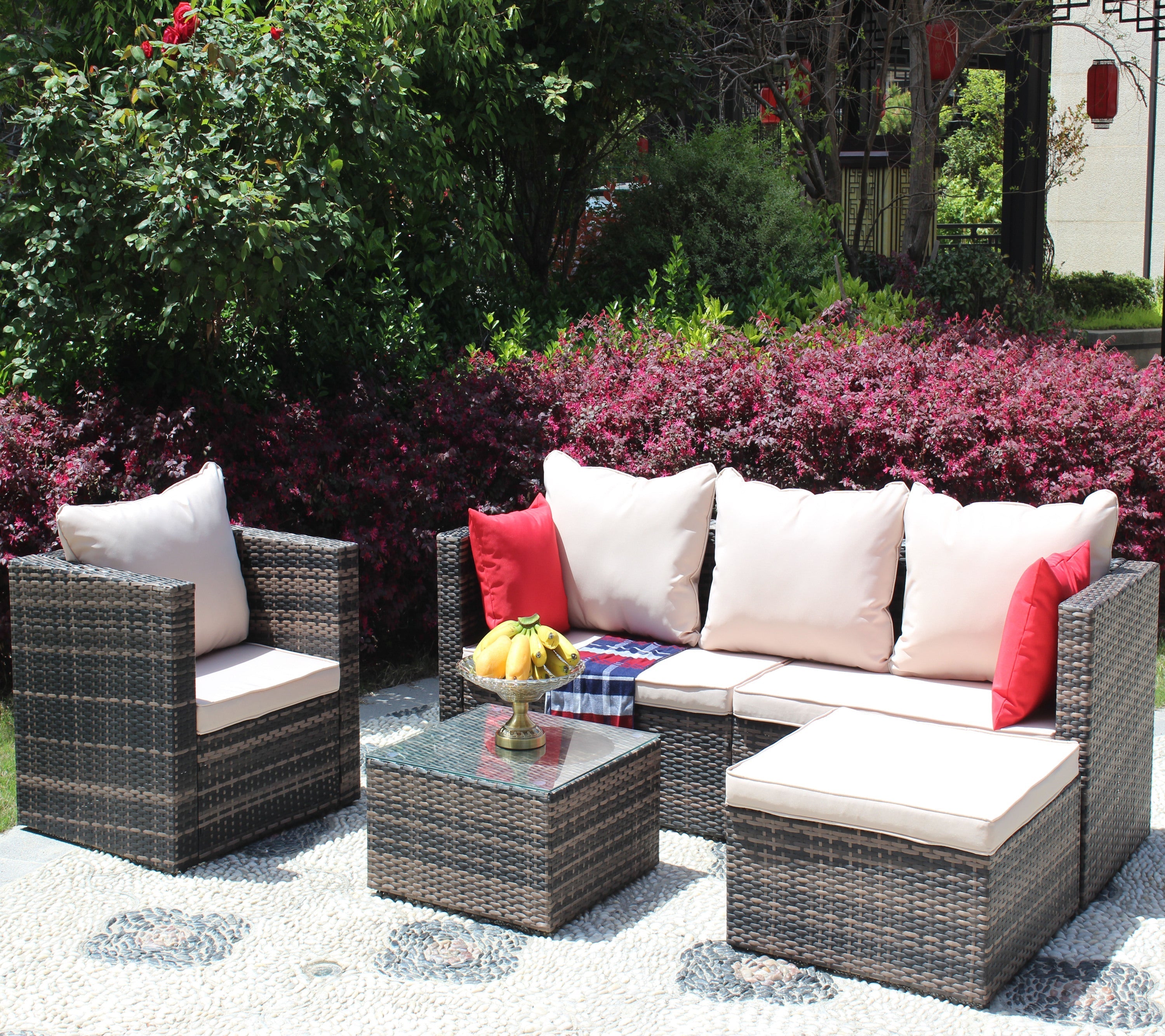 Rattan Patio Furniture Set Wicker Sofa Cushioned Sectional (4 Pieces, Brown)