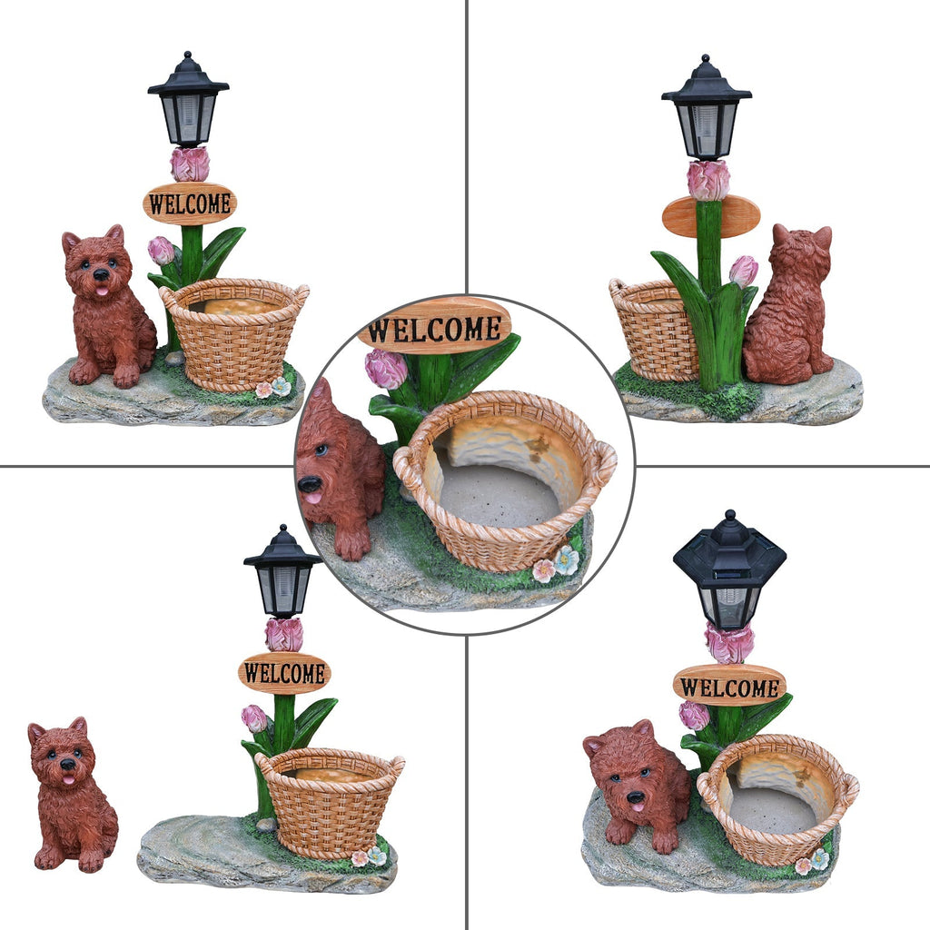 Sitting Puppy Solar Planter Outdoor Statue