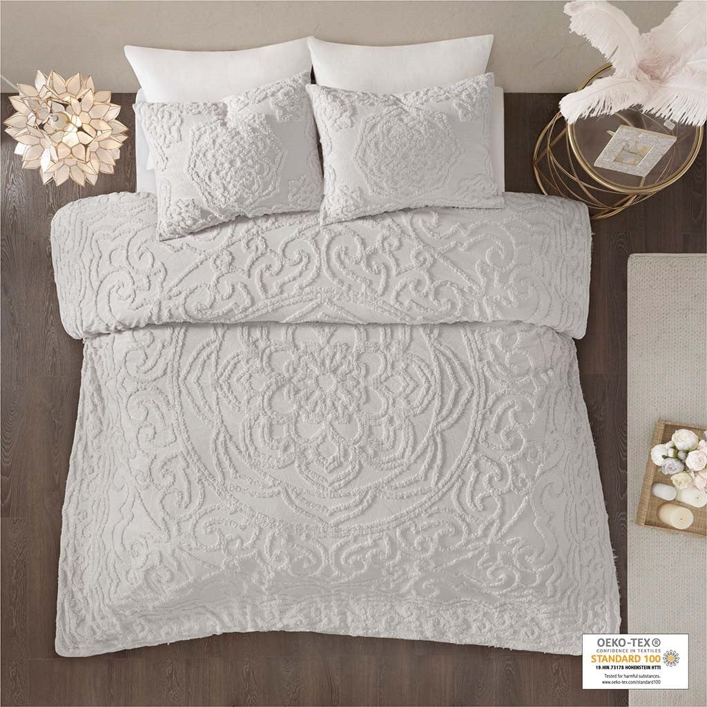King/Cal King Tufted Cotton Chenille Medallion Duvet Cover Set