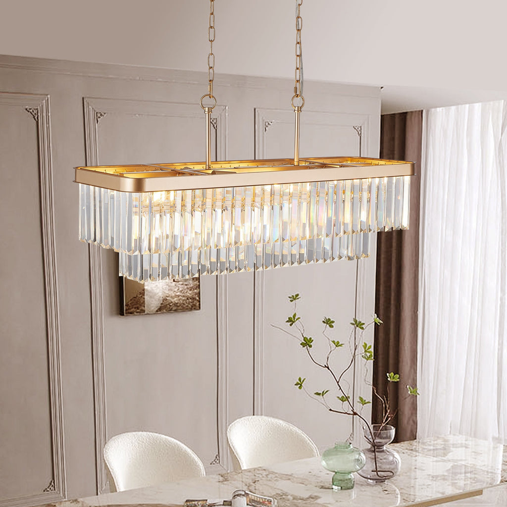 Rectangular Crystal Chandelier Adjustable Gold Iron Ceiling Light