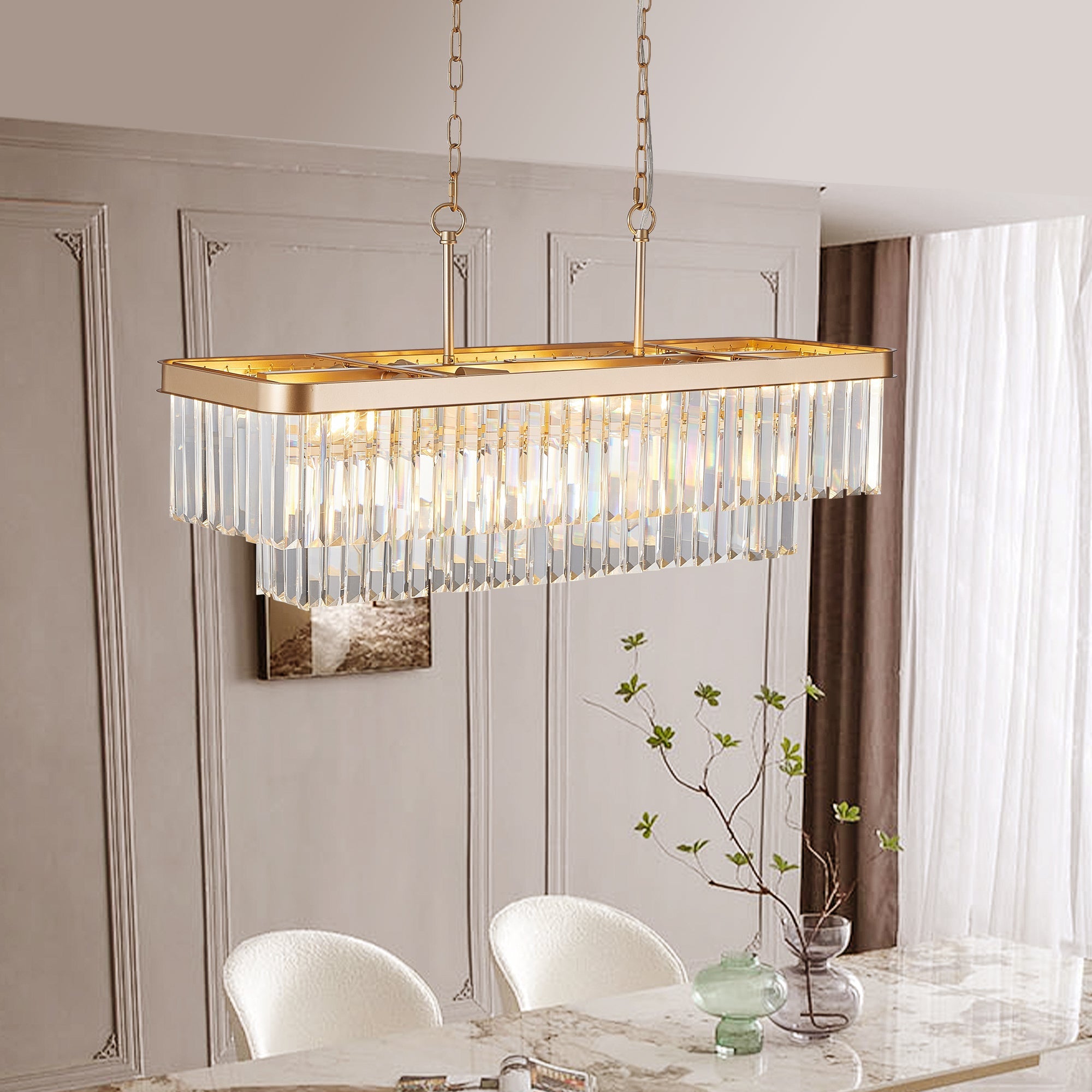 Rectangular Crystal Chandelier Adjustable Gold Iron Ceiling Light
