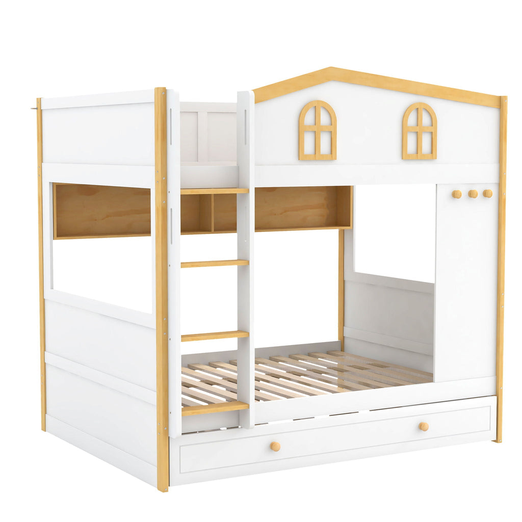 Full Over Full Bunk Bed With Storage Shelves And Trundle - White / Natural