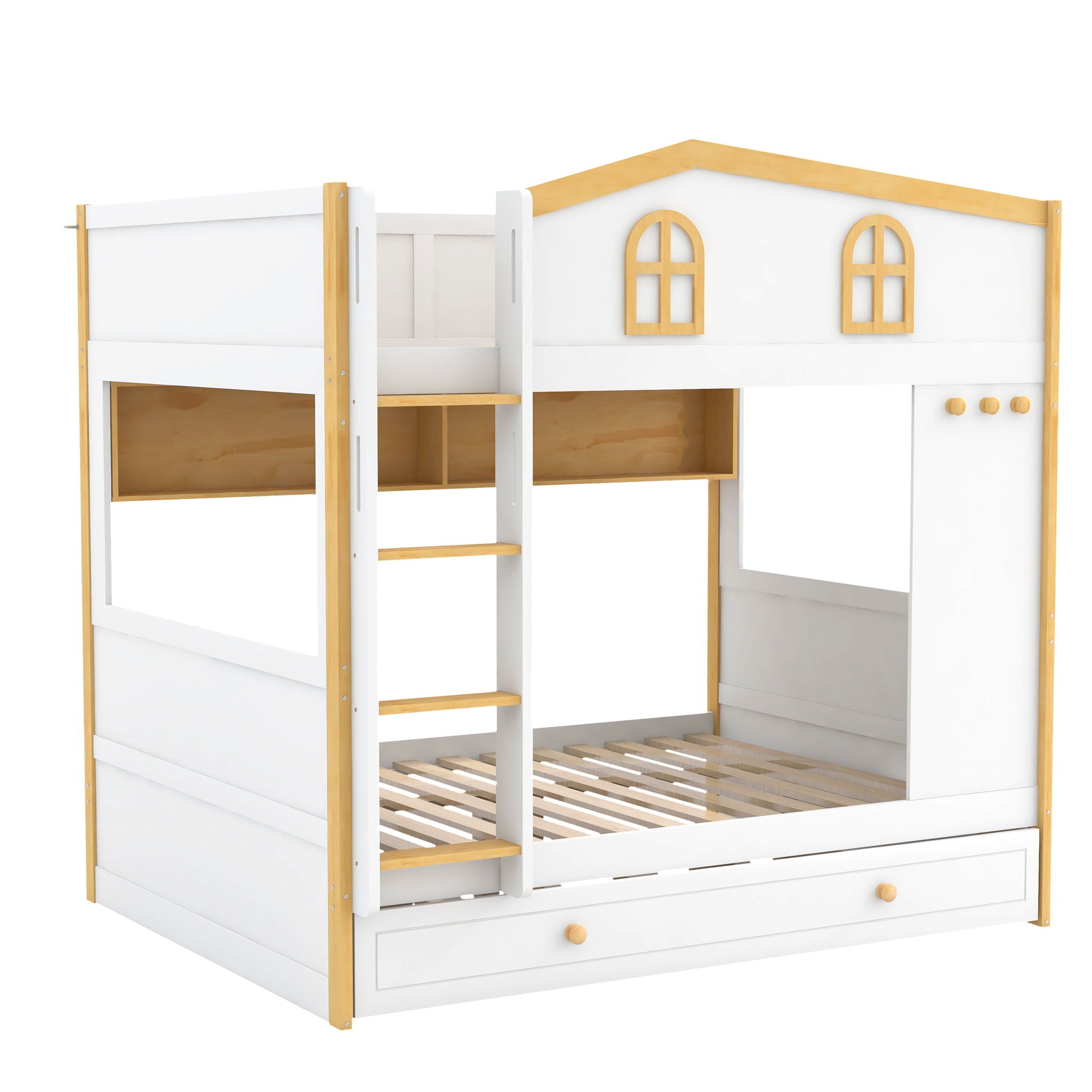 Full Over Full Bunk Bed With Storage Shelves And Trundle - White / Natural
