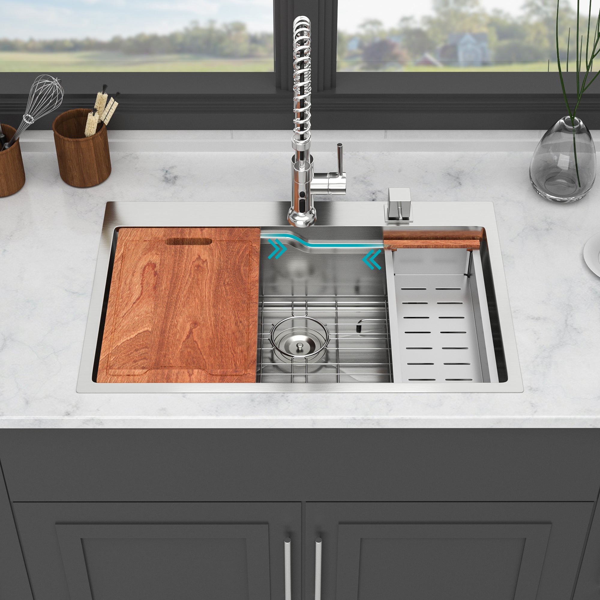 33 x 22 inches Brushed Nickel 33' Drop in Kitchen Sink with Ledge Workstation, Single Bowl, 16 Gauge Stainless Steel