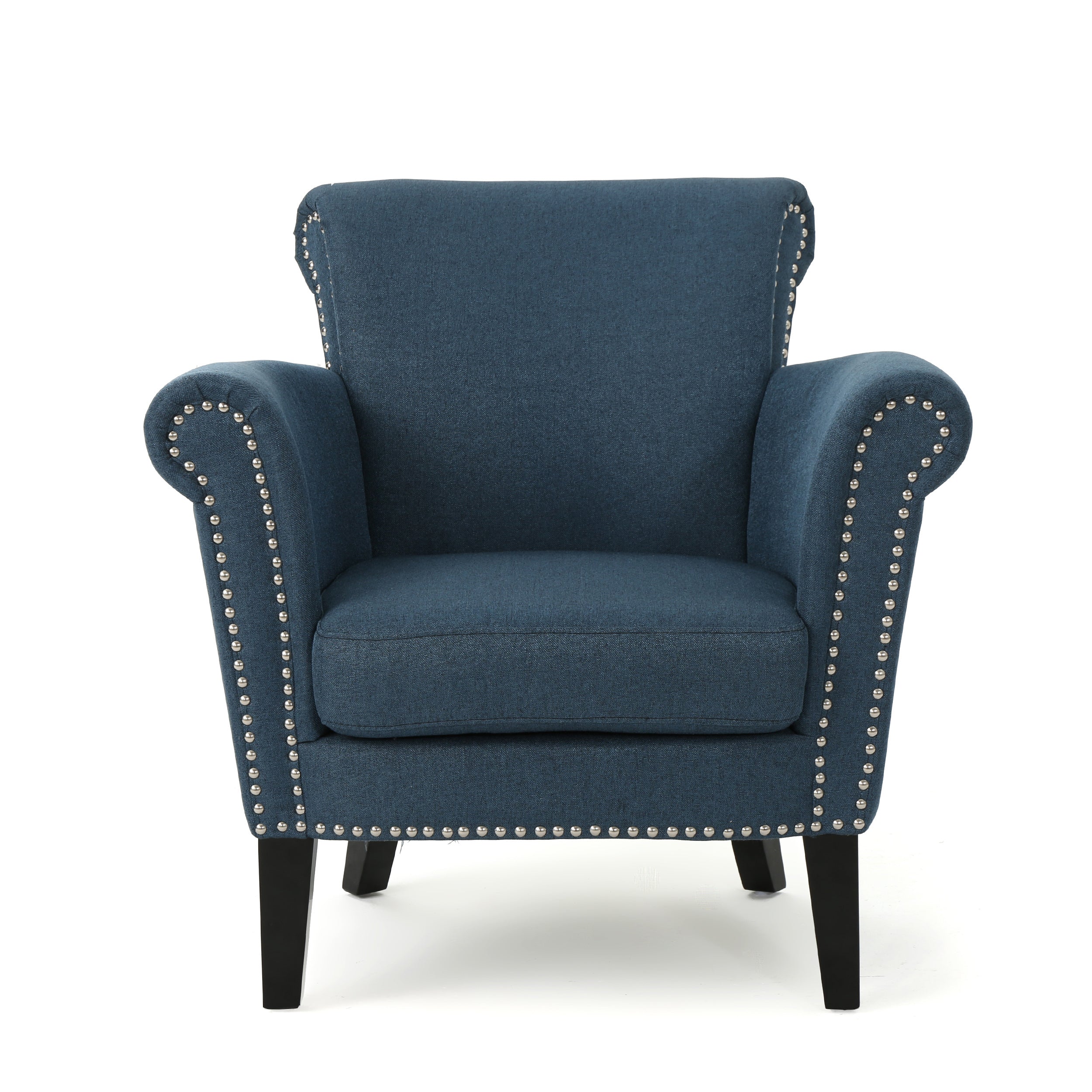 Elegant Navy Blue Fabric Club Chair with Nailhead Trim and Birch Wood Legs