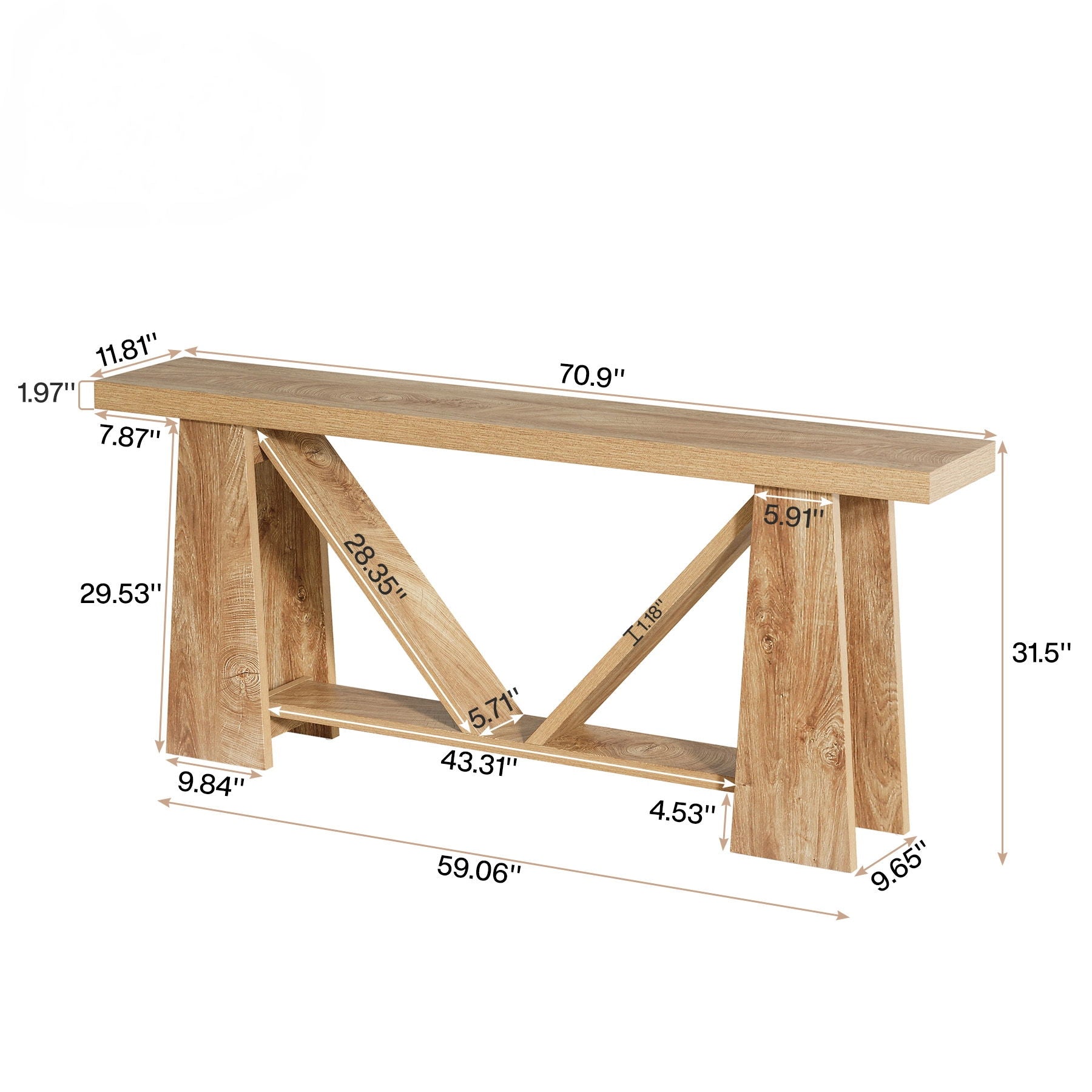Slim 2 Tier Entryway Accent Extra Long Console Table For Living Room - Natural / Light Brown