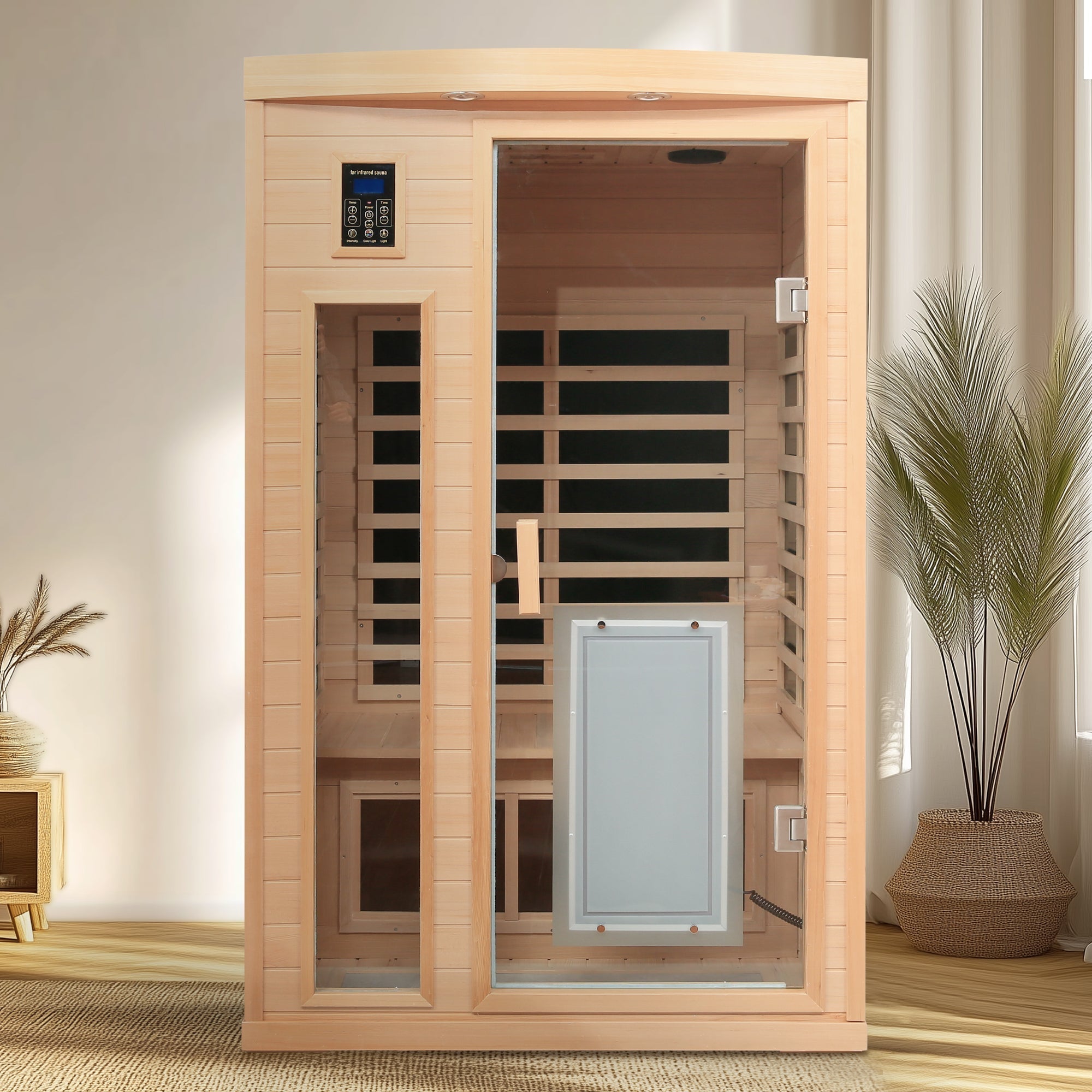 Low EMF, There is also a heating plate on the glass door, Hemlock wood Far-infrared indoor Two person sauna room