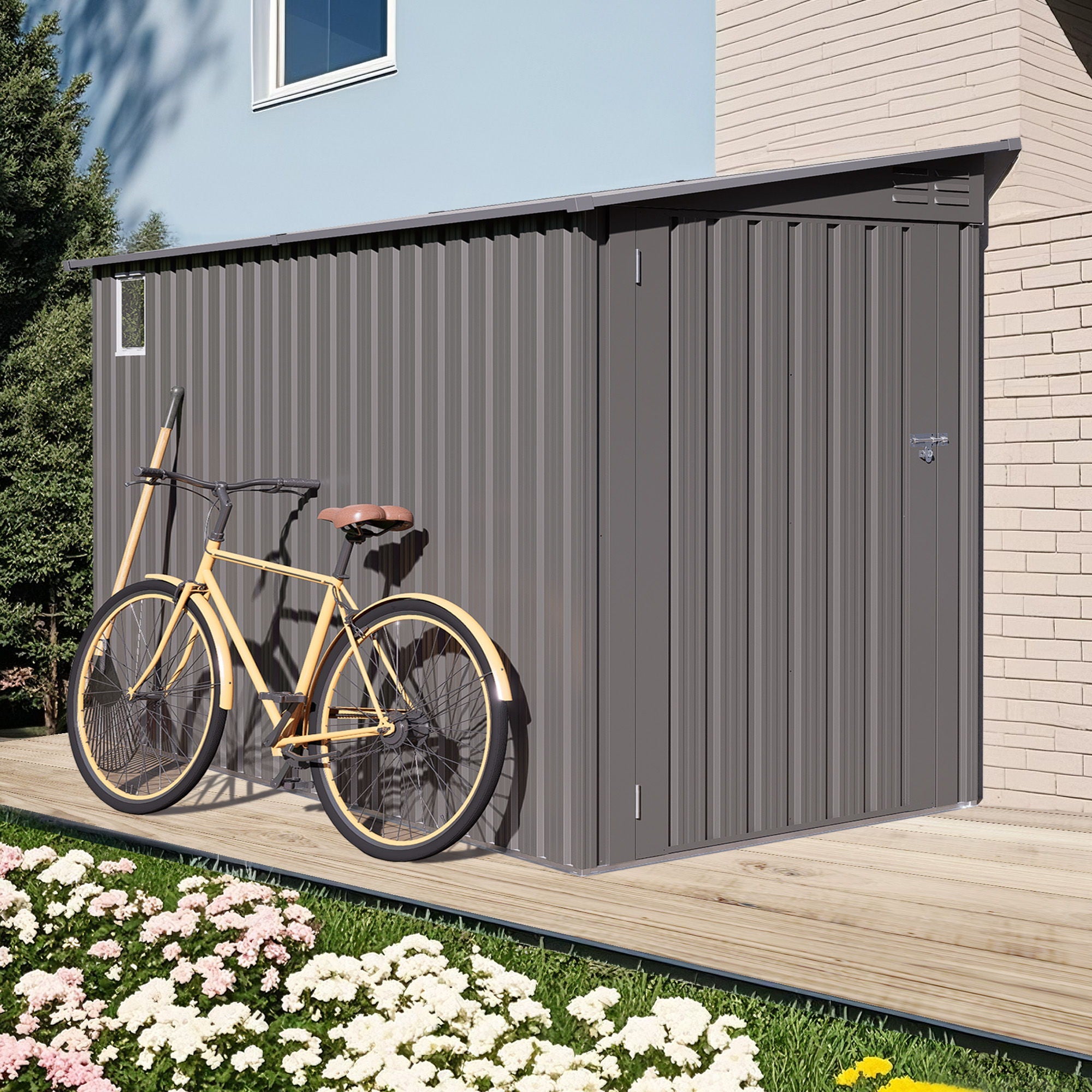 Lean To Shed With Windows, Tool House With Sloping Roof With 2 Vents And 1 Side Open Door For Backyard - Gray