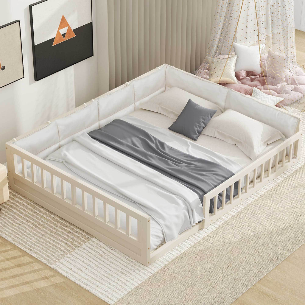 Wood Full Size Upholstered Platform Bed with Guardrail and Pillow