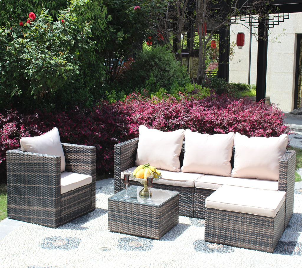 Rattan Patio Furniture Set Wicker Sofa Cushioned Sectional (4 Pieces, Brown)