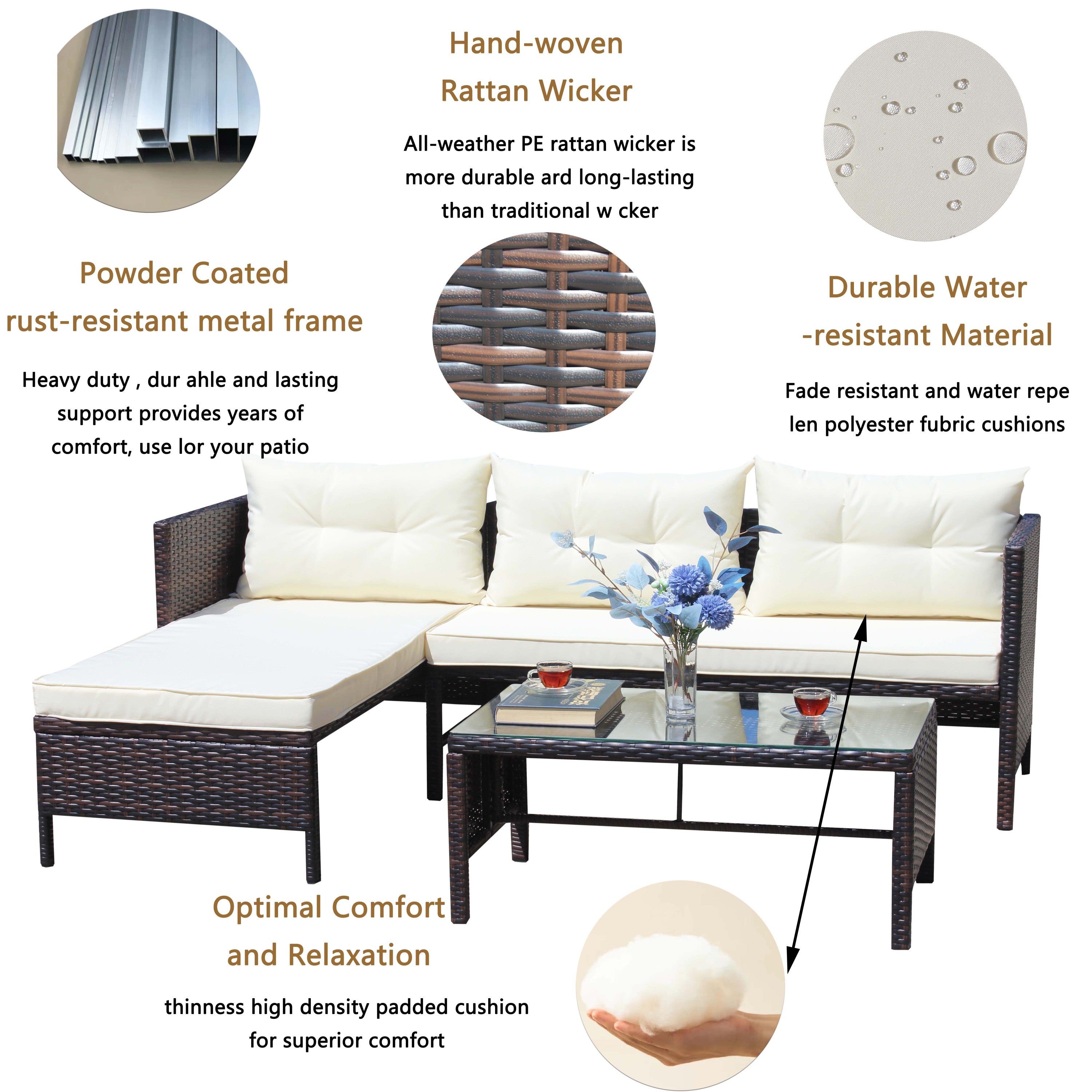 Outdoor Patio Furniture 3-Piece Conversation Set with Wicker Rattan Sectional Sofa