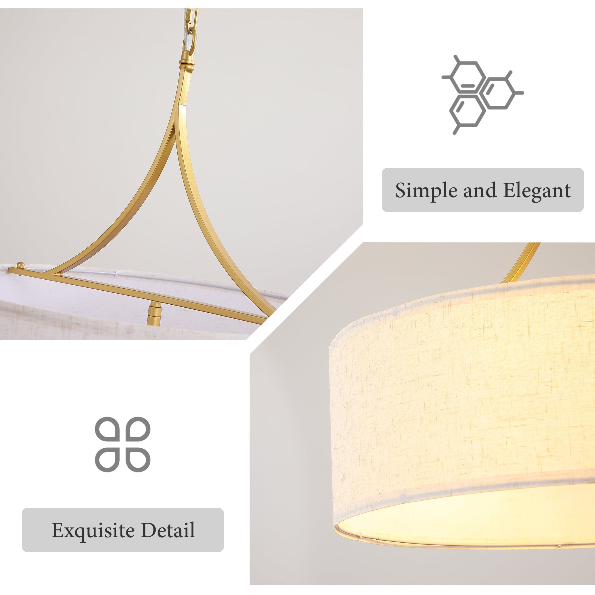 3-Light Gold Fabric Drum Pendant Light