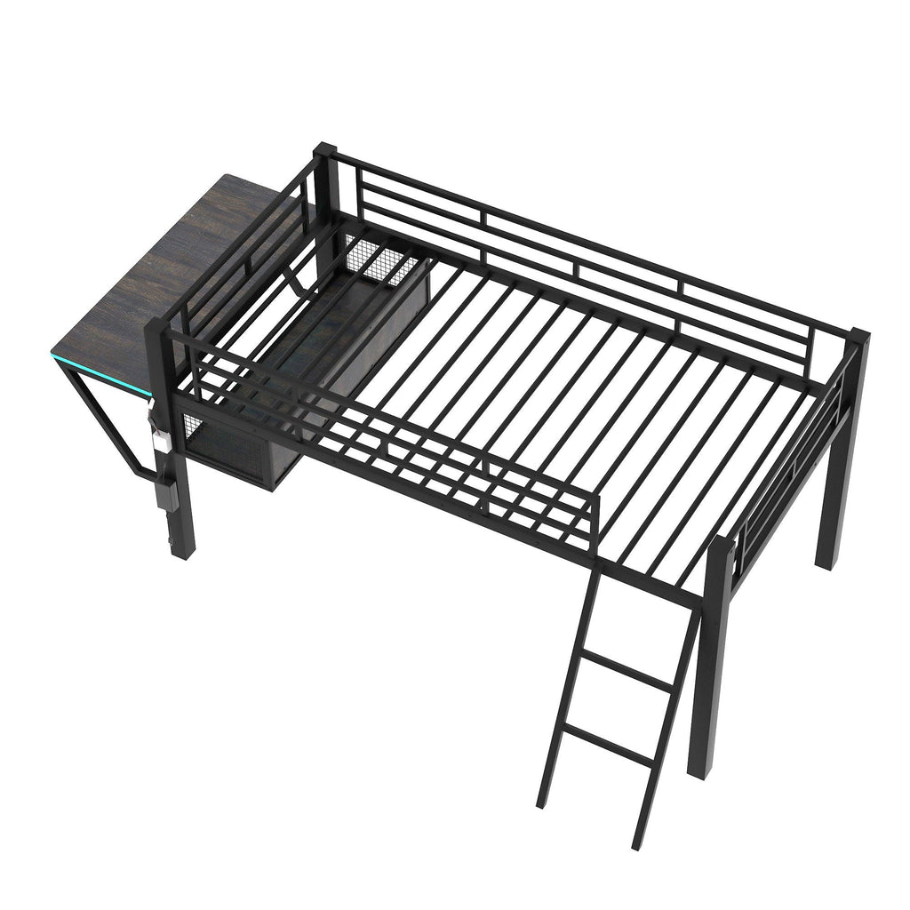 Modern Gaming Mid Loft Bed With Desk And LED Lights