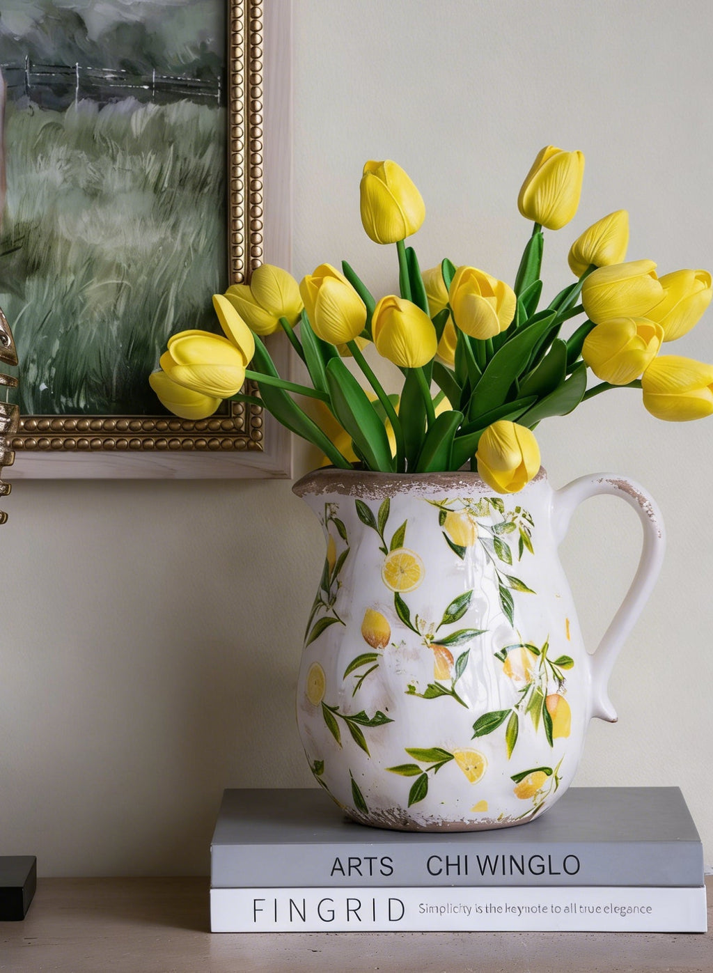7.9x6.5x7.9' White Ceramic Pitcher Vase with Yellow Lemon Motif