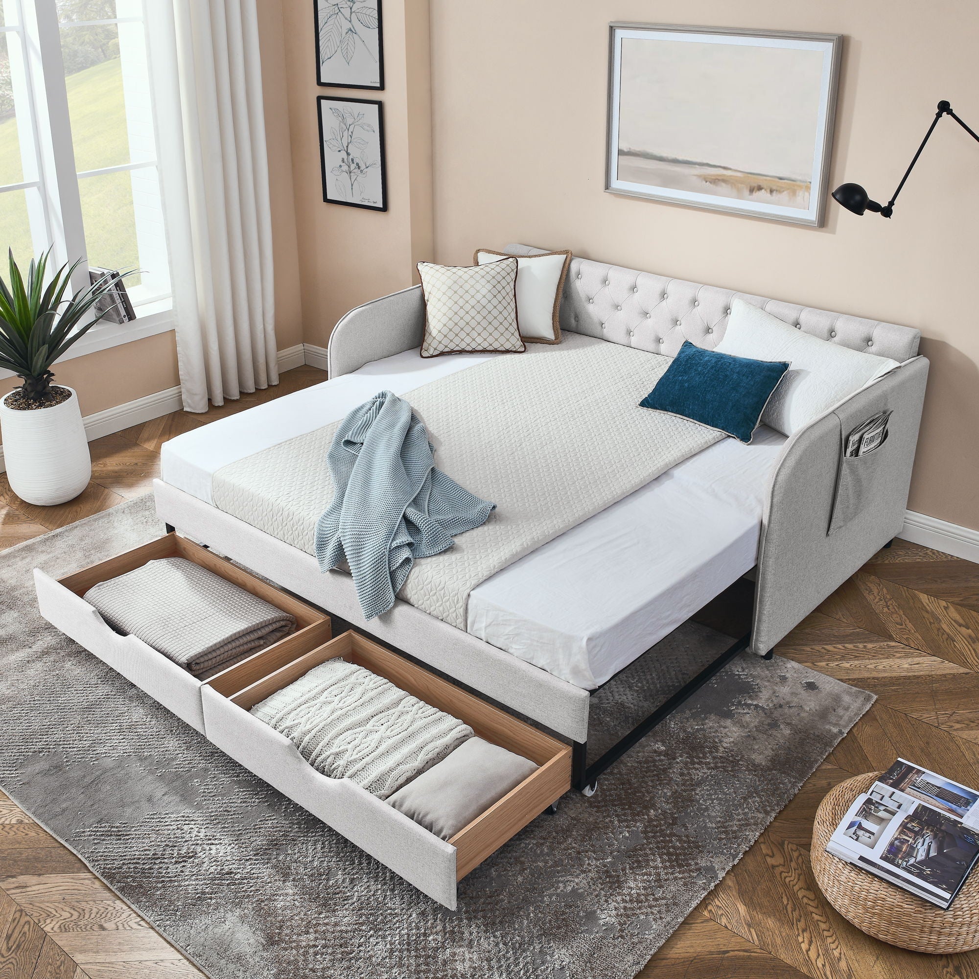 Daybed With Trundle And Storage Drawers, Flat Arms With Pocket