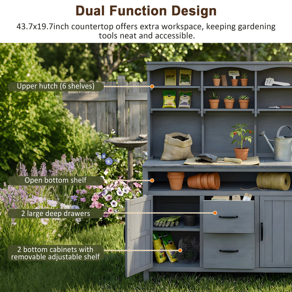 TOPMAX Large Fir Wood Potting Bench with Hutch and Storage
