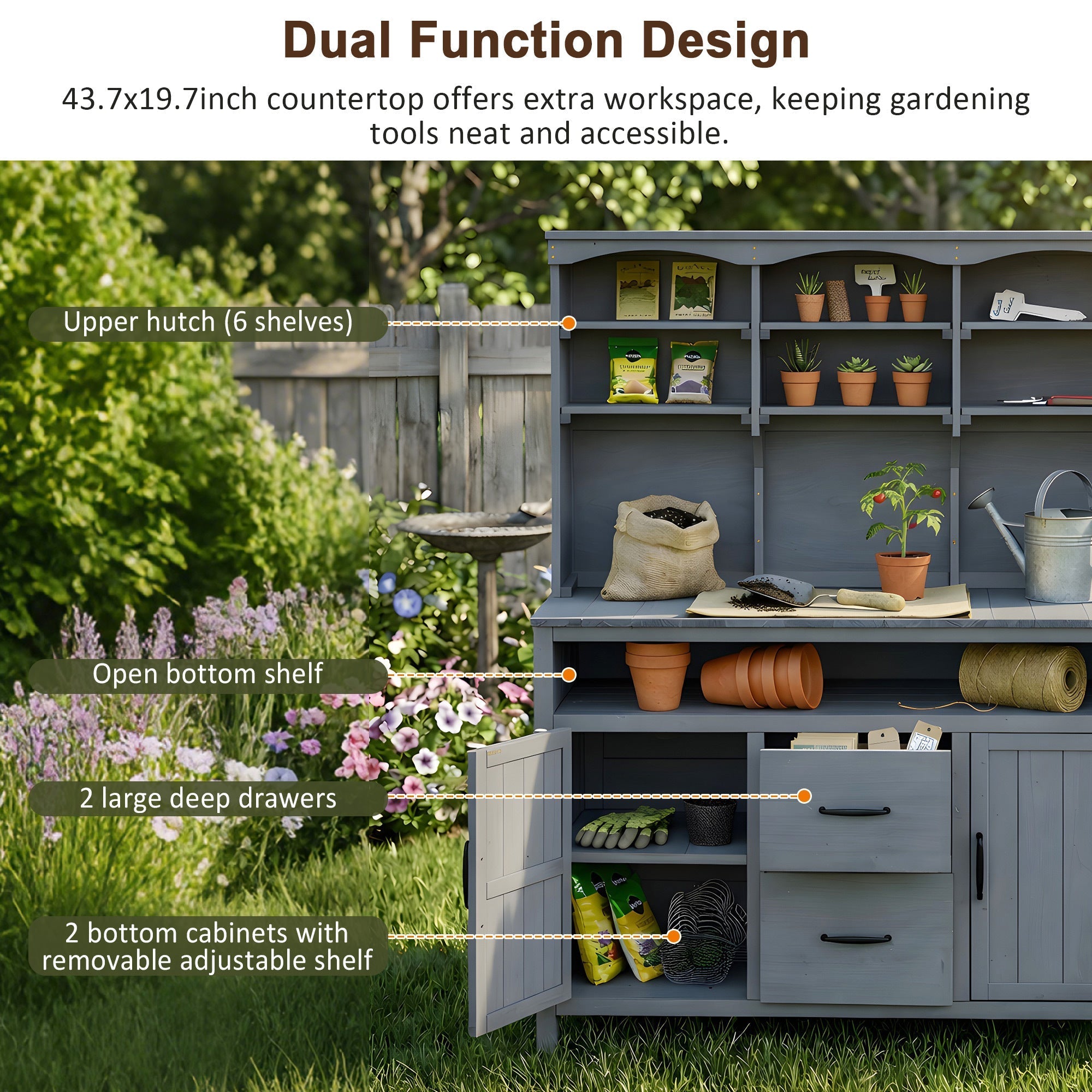 TOPMAX Large Fir Wood Potting Bench with Hutch and Storage
