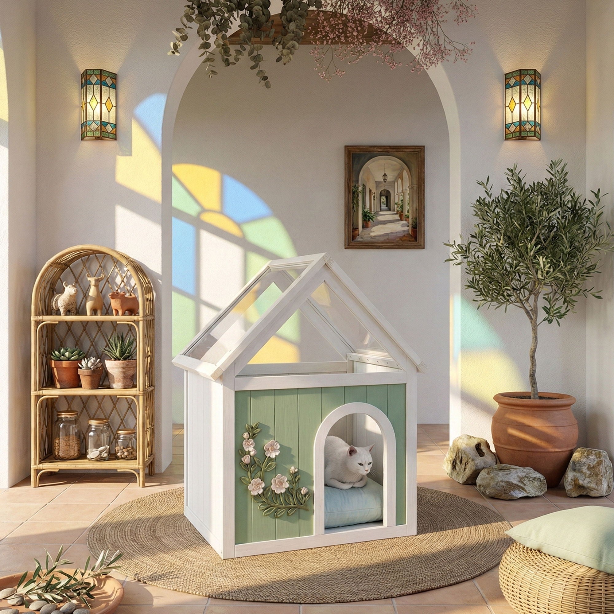 Indoor Cat House With Clear Roof Pet House For Small Cats & Dogs - Mint / White