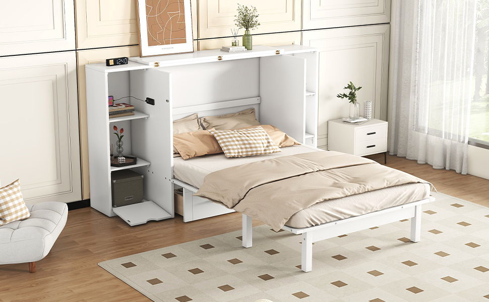 Murphy Bed With Shelves, Drawers And USB Ports