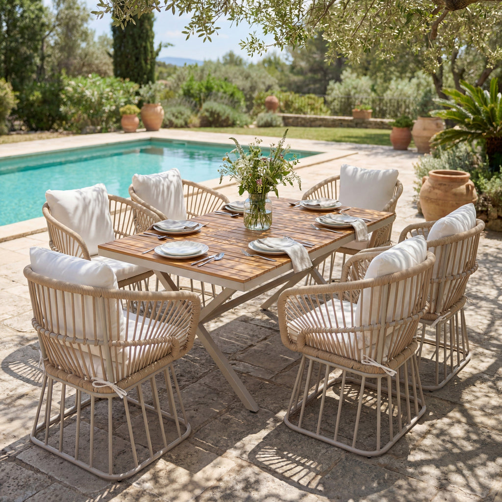 Outdoor 7-Piece Dining Set - Rectangular Teak Wood Table + 6 Wicker Chairs with Cushions