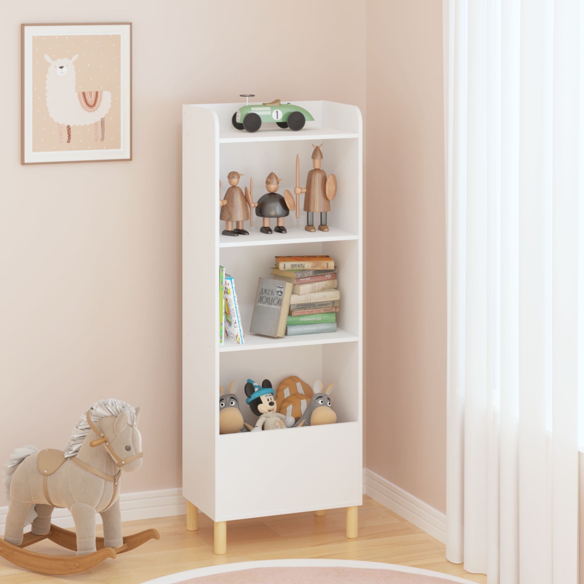 4 Tier Bookcase with Safety Restraint and Storage Cabinet - White