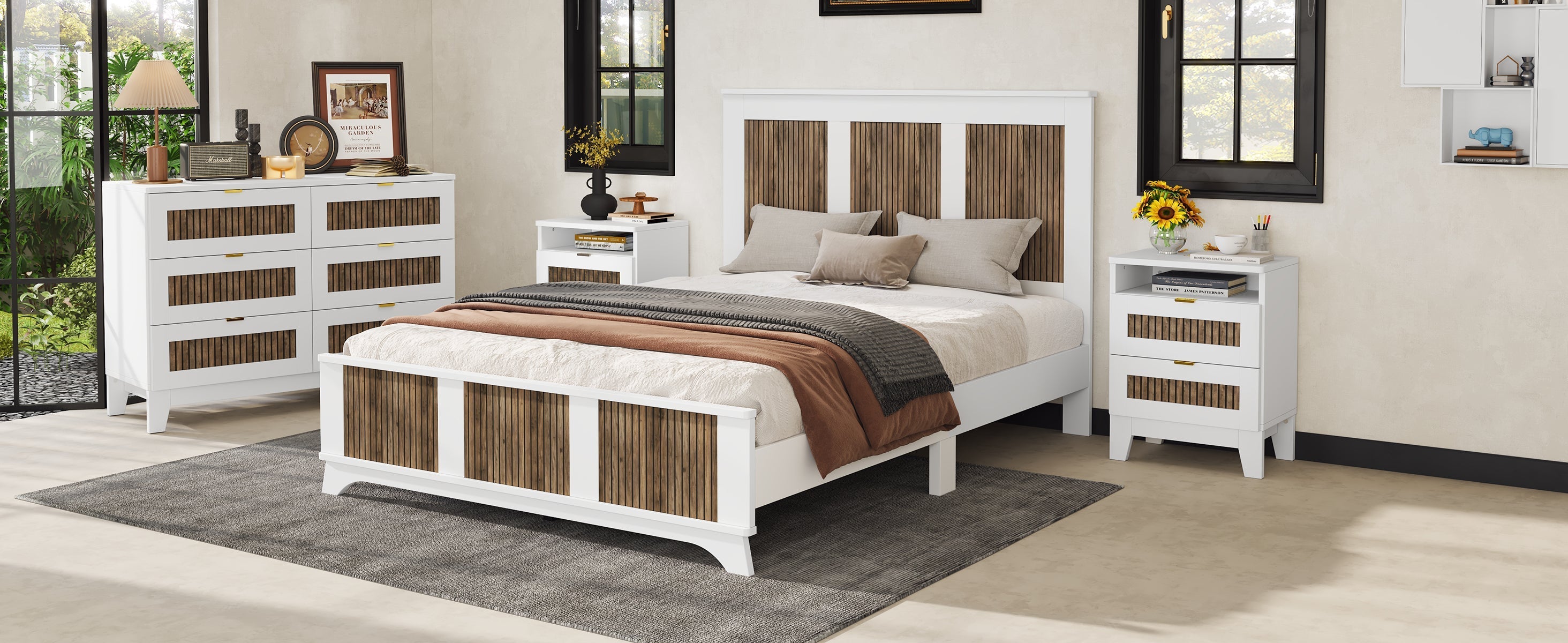4-Pieces Bedroom Sets, Queen Size Farmhouse Platform Bed with Storage