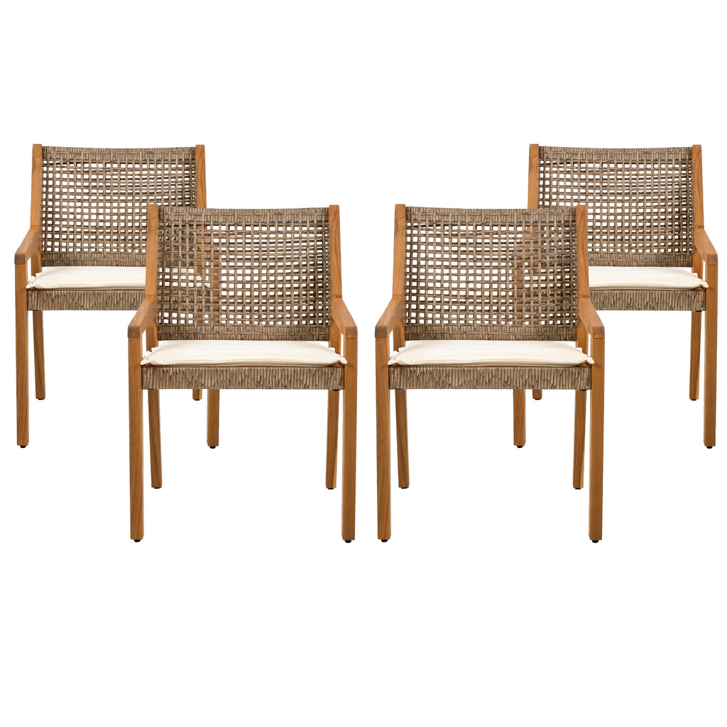 Outdoor Dining Chair Set of 4 - Acacia Wood and Wicker with Cream Cushion