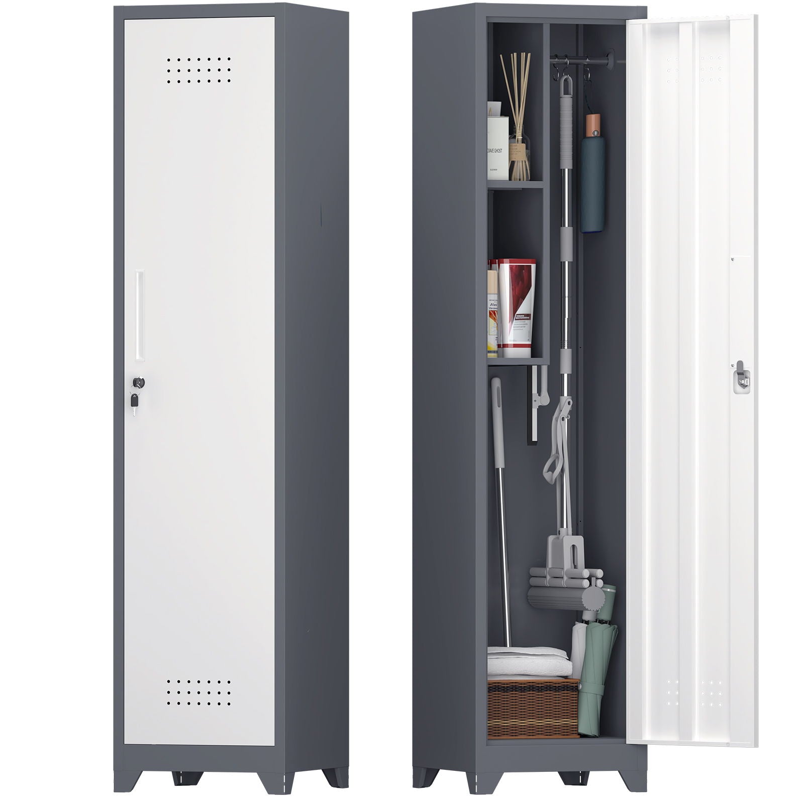 Broom Storage Cabinet Narrow Slim With Hooks And Shelves, Heavy-Duty