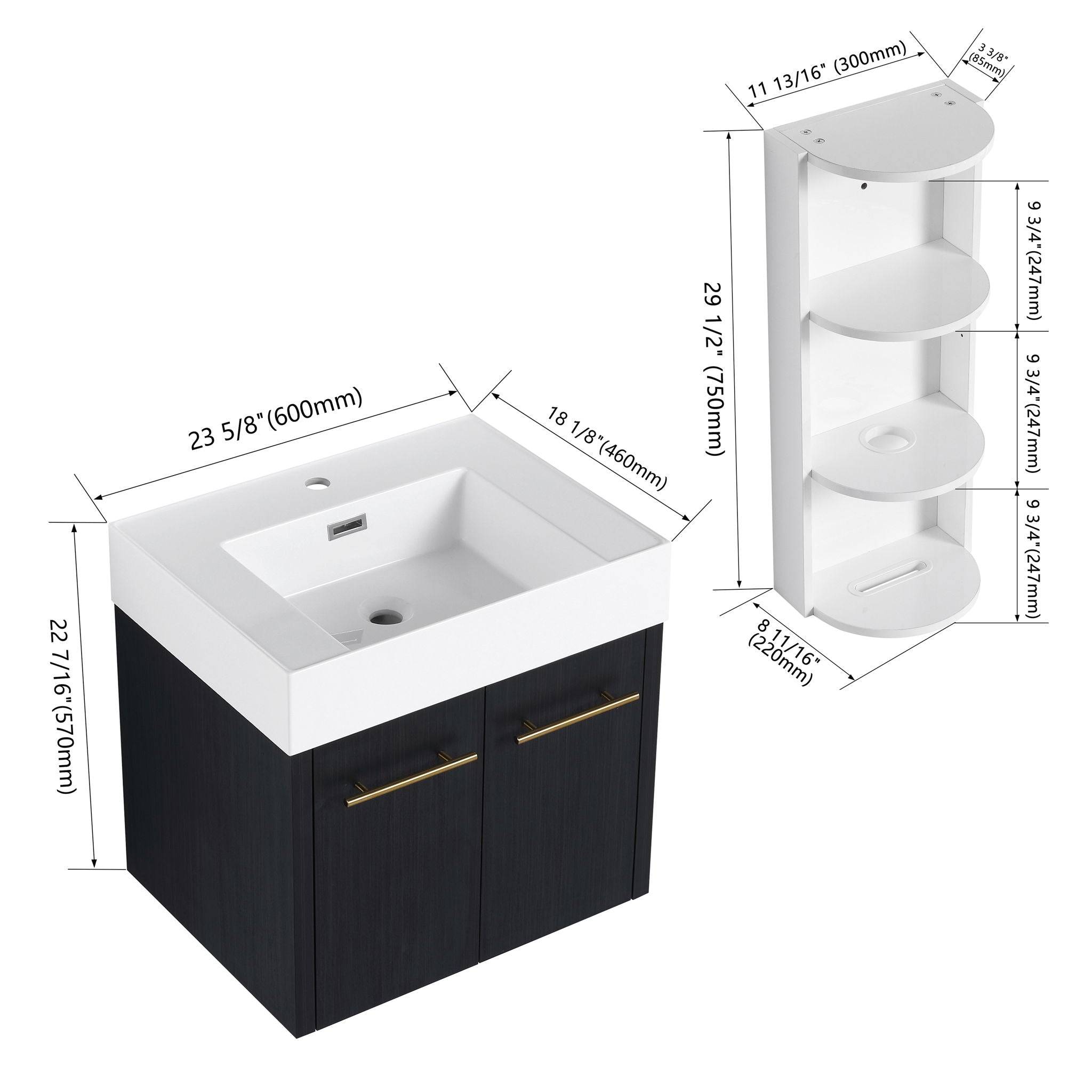 Modern Wall Mounted Bathroom Vanity With Resin Sink and Storage Rack