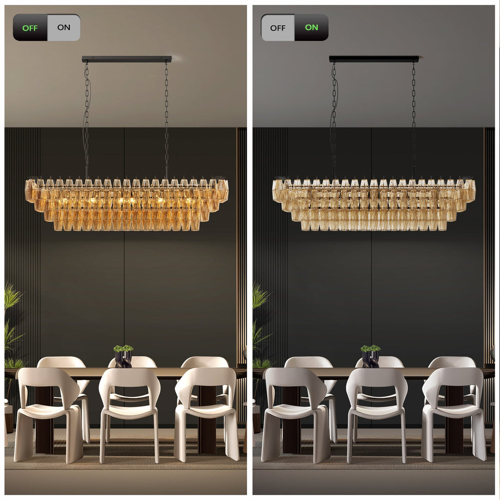 54-Inch Black Rectangular 12-Light Smoke Glass Chandelier