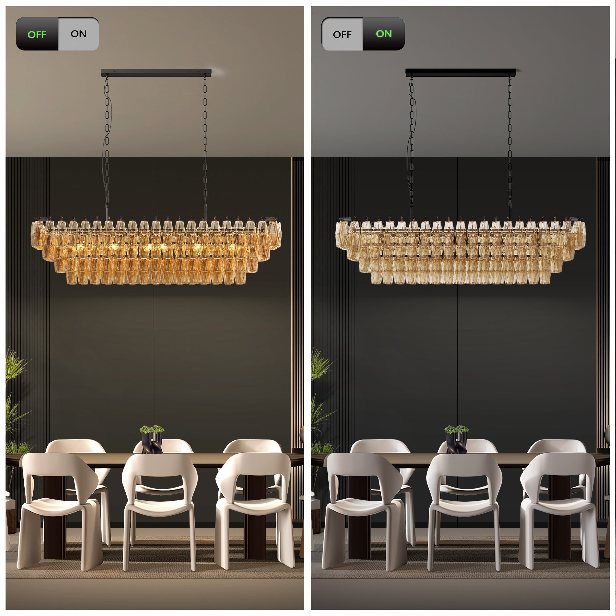 54-Inch Black Rectangular 12-Light Smoke Glass Chandelier